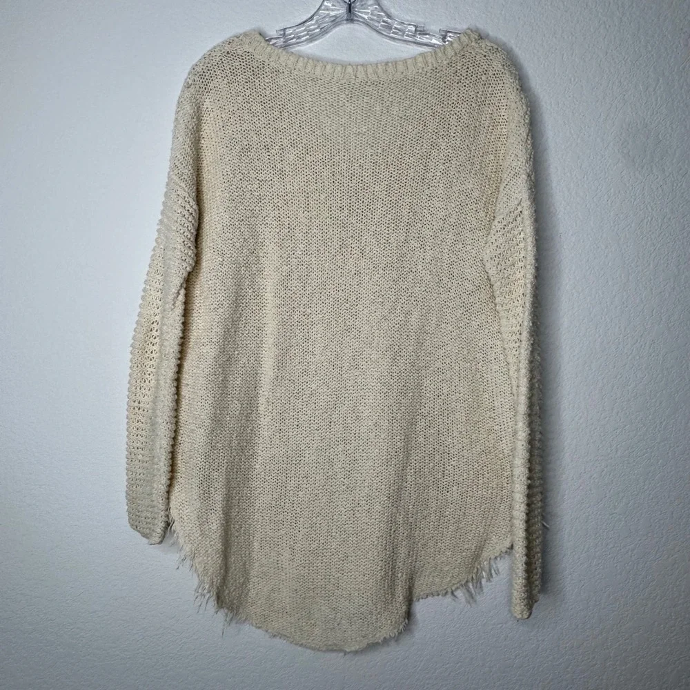 Free People Cream Cable Knit V-Neck Sweater Frayed Hem Ivory Cotton Womens Sz XS